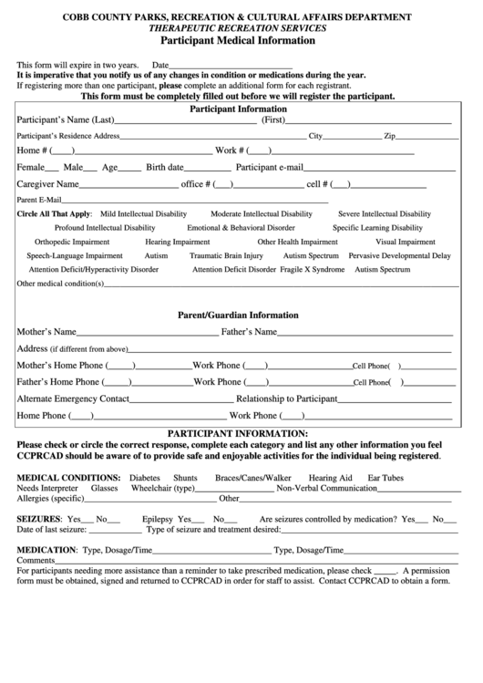 Participant Medical Information Form - Cobb County Parks, Recreation & Cultural Affairs Department Therapeutic Recreation Services Printable pdf