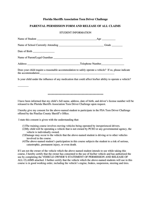 Parental Permission Form And Release Of All Claims Printable pdf