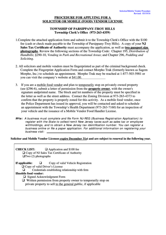 Mobile Vendor/solicitor License Application Form - Township Of Parsippany-Troy Hills Printable pdf