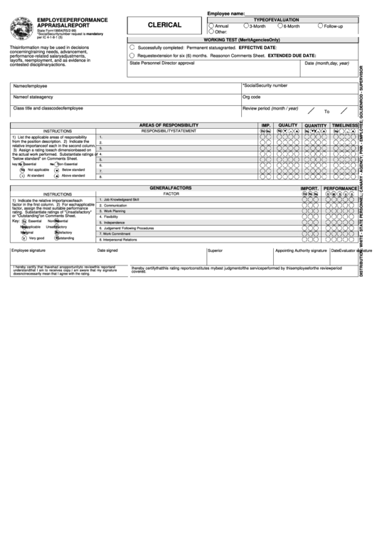 Fillable State Form 19954 - Employee Performance Appraisal Report - Clerical Printable pdf