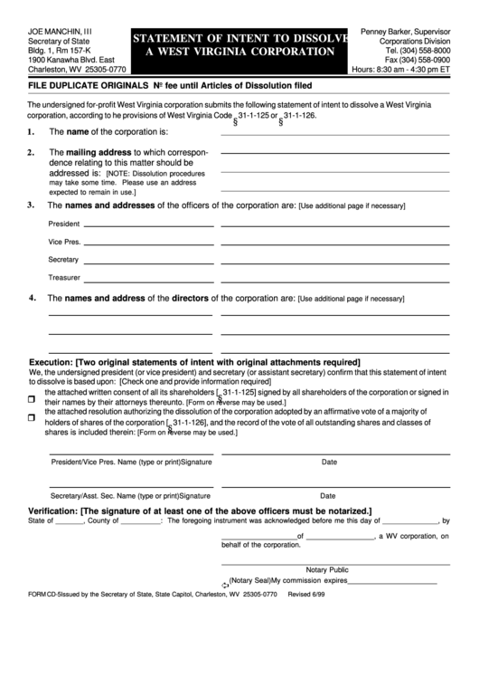 Form Cd-5-Statement Of Intent To Dissolve A West Virginia Corporation June 1999 Printable pdf