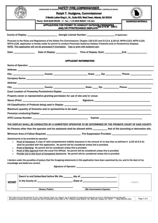 Fillable Form Gid-273-Sf - Application For Permit To Conduct Outdoor Fireworks And/or Pyrotechnics Displays - State Of Georgia Printable pdf