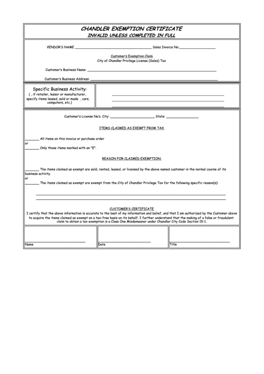 Chandler Exemption Certificate Form Printable pdf