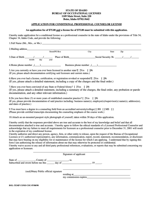 Application For Conditional Professional Counselor License Form 1998 Printable pdf