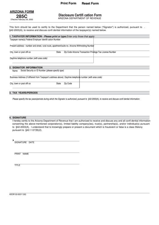 Fillable Arizona Form 285c - Disclosure Certification Form - 2002 Printable pdf
