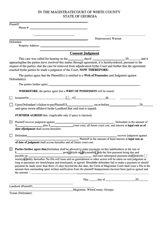Fillable Consent Judgment Form - State Of Georgia Printable pdf