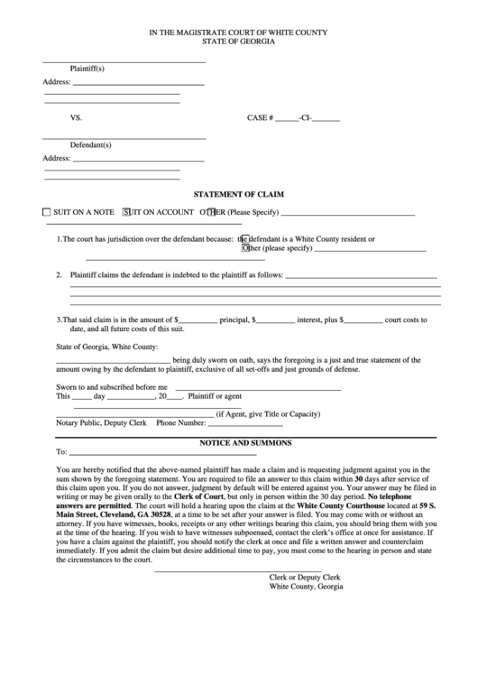 Statement Of Claim Form - Notice And Summons Printable pdf