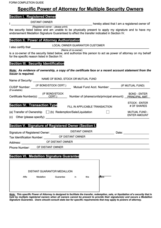 Specific Power Of Attorney For Multiple Security Owners Form Printable pdf