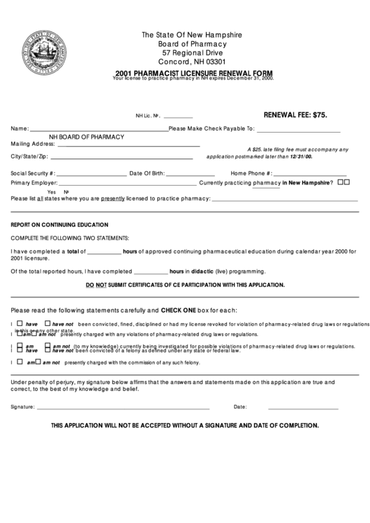 Pharmacist Licensure Renewal Form 2001 Printable pdf