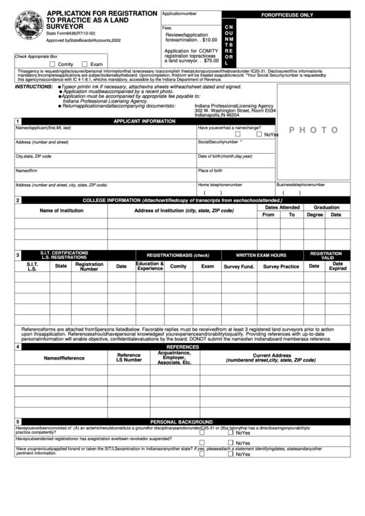 Form 9436 - Application For Registration To Practice As A Land Surveyor Printable pdf