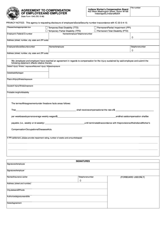 Fillable Form 1043-Agreement To Compensation Of Employee And Employer May 1996 Printable pdf