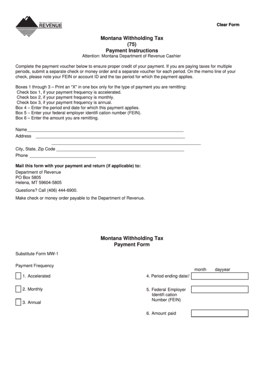 Form Mw-1 - Montana Withholding Tax (75) Payment Instructions Printable pdf