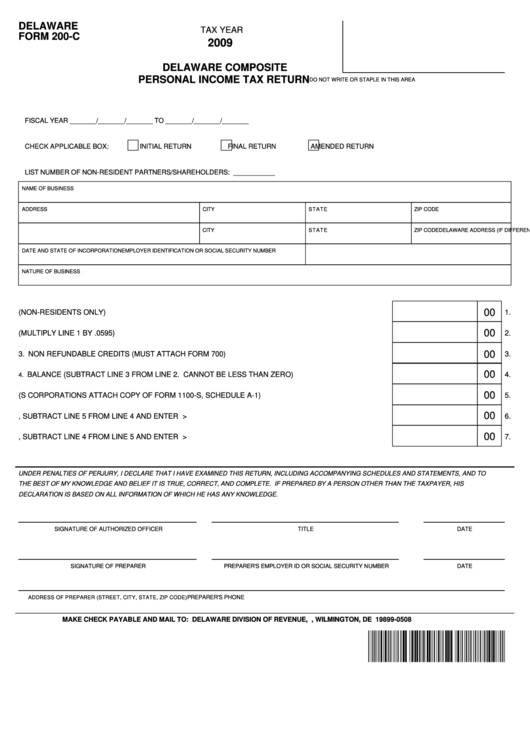 Fillable Delaware Form 200-C - Delaware Composite Personal Income Tax Return - 2009 Printable pdf