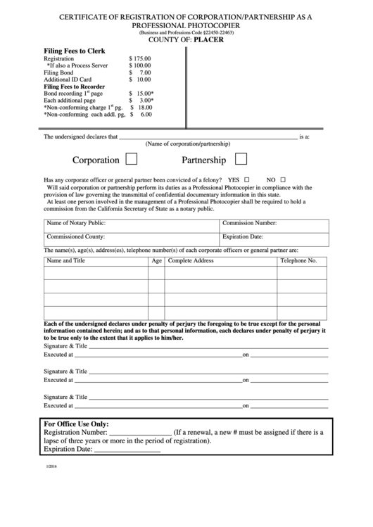 Certificate Form Of Registration Of Corporation Partnership - Professional Photocopier Printable pdf
