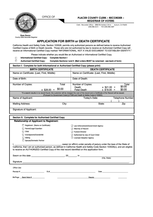 Fillable Birth Or Death Certificate Application Form Printable pdf