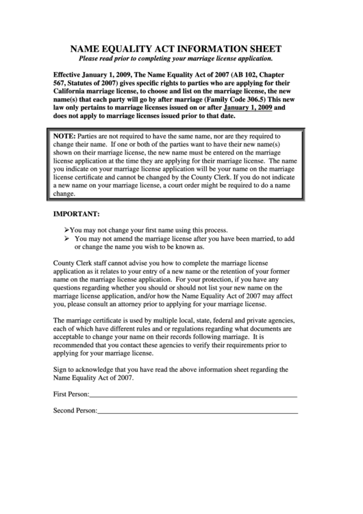 Fillable Name Equality Act Information Sheet Form - Application For License To Marry Printable pdf
