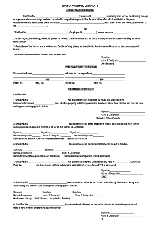 No Demand Certificate Form Printable pdf