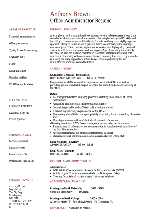 Office Administrator Resume Template Printable pdf