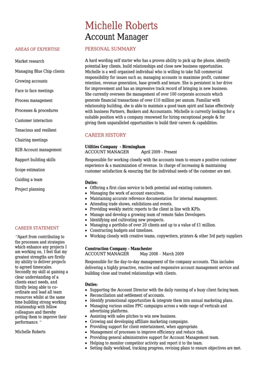 Project Manager Cv Template - Long Form Printable pdf