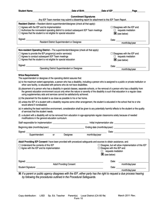 Fillable Iep Commitment Signatures Form Printable pdf