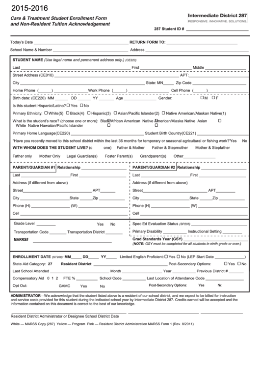 Fillable Care And Treatment Enrollment Form Printable pdf