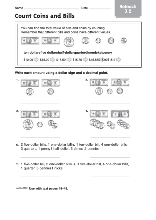 Count Coins And Bills Worksheet printable pdf download