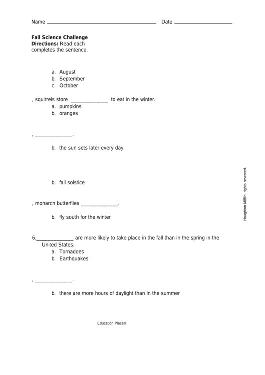 Fall Science Challenge Quiz Template Printable pdf