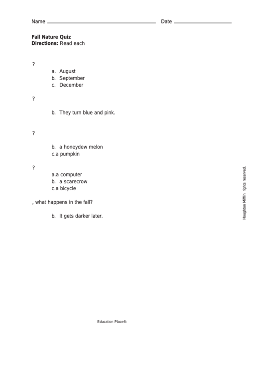 Fall Nature Quiz Template Printable pdf