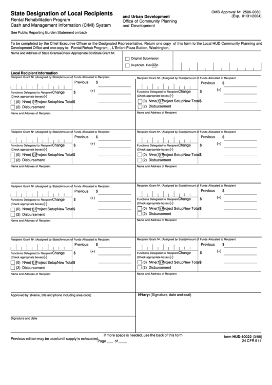 Form Hud-40022 - State Designation Of Local Recipients Printable pdf
