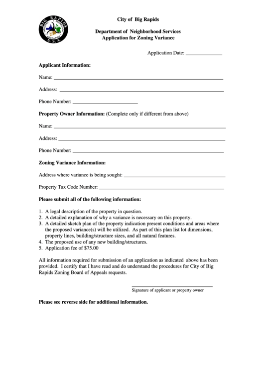 Application For Zoning Variance Form Printable pdf