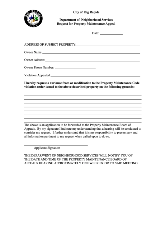 Request For Property Maintenance Appeal Form Printable pdf