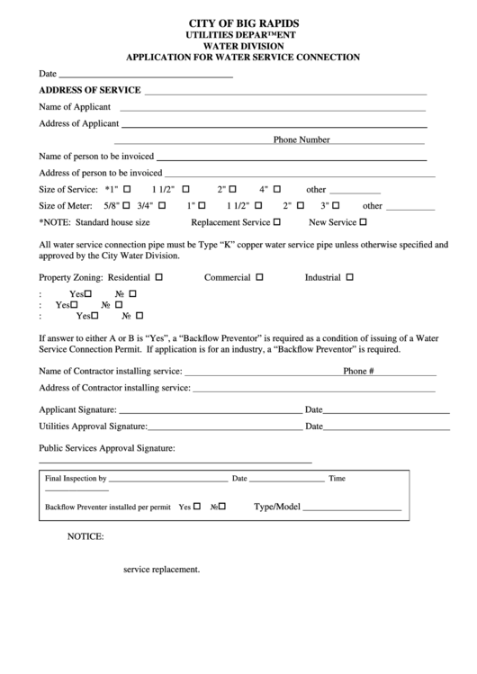 Application For Water Service Connection Form Printable pdf