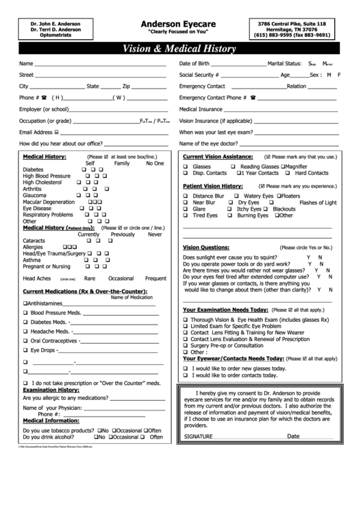 New Patient Vision & Medical History Form Printable pdf