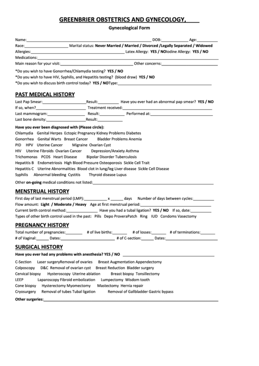 Patient Medical History Gynecological Form printable pdf download