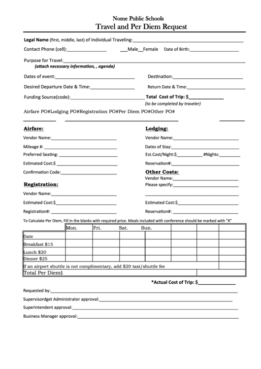 Fillable Travel And Per Diem Request Form Printable pdf