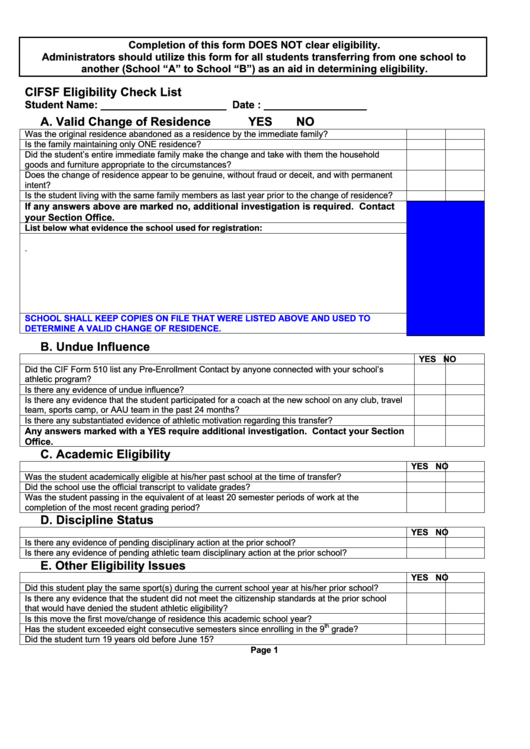 Transfer Eligibility Checklist Form Printable pdf