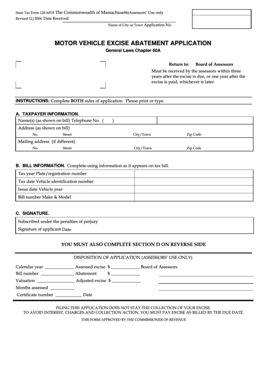 Fillable State Tax Form 126-Mve - Motor Vehicle Excise Abatement Application Printable pdf