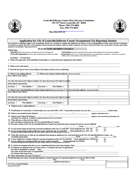 Fillable Application For City Of Louisville/jefferson County Occupational Tax Reporting Number - Louisville/jefferson County Metro Revenue Commission Printable pdf