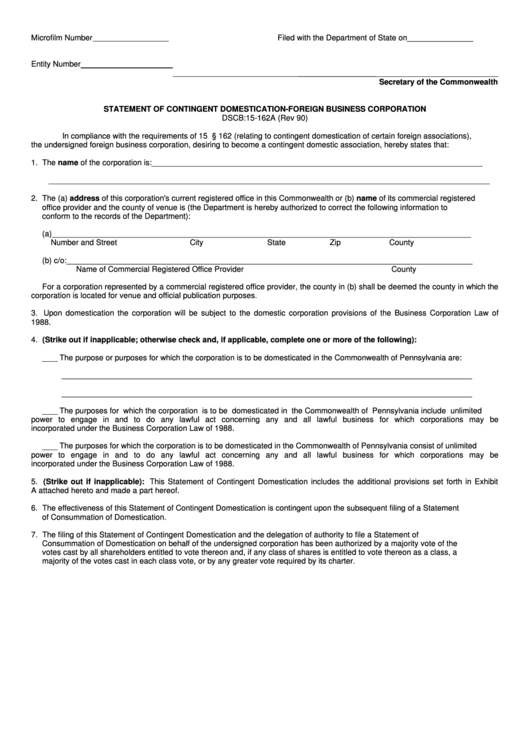 Form Dscb:15-162a - Statement Of Contingent Domestication-Foreign Business Corporation Printable pdf