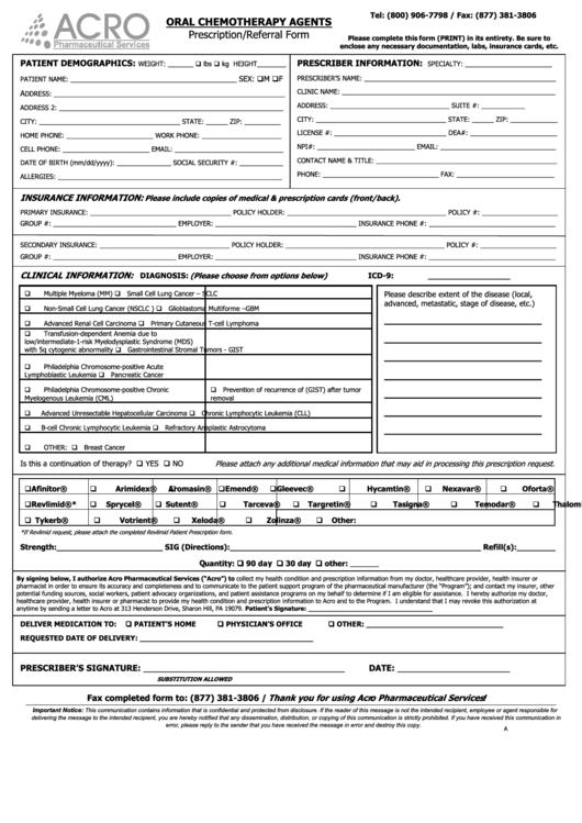 Oral Chemotherapy Agents Prescription/referral Form Printable pdf