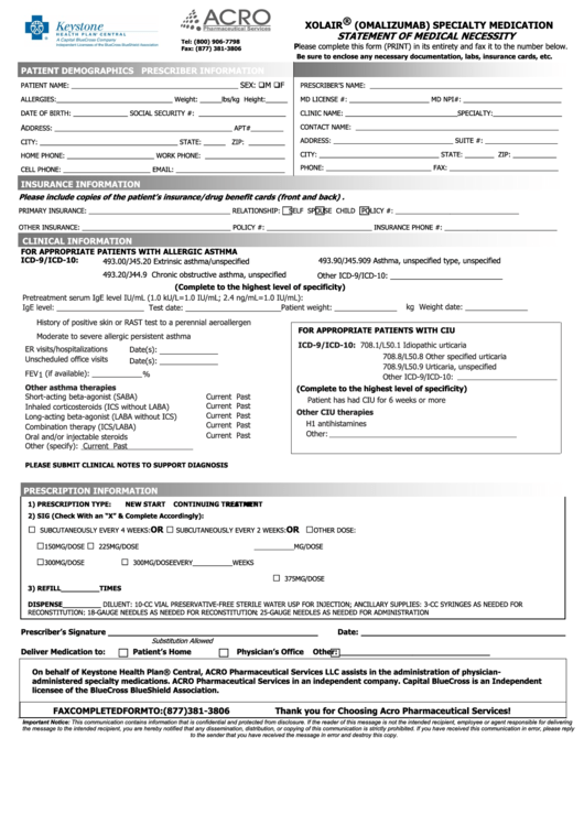 Fillable Xolair Specialty Medication - Statement Of Medical Necessity Form Printable pdf