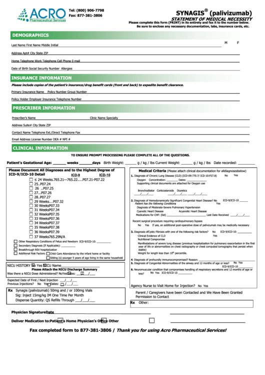 Fillable Statement Of Medical Necessity Form - Synagis Printable pdf