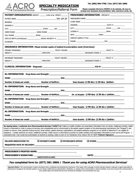 Fillable Specialty Medication Prescription/referral Form Printable pdf