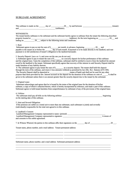 Fillable Sublease Agreement Form Printable pdf