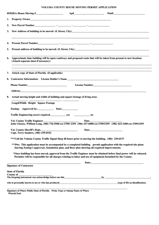 Volusia County House Moving Permit Application Form Printable pdf