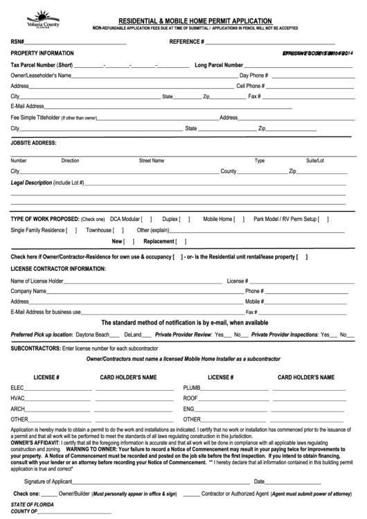 Fillable Residential & Mobile Home Permit Application Printable pdf