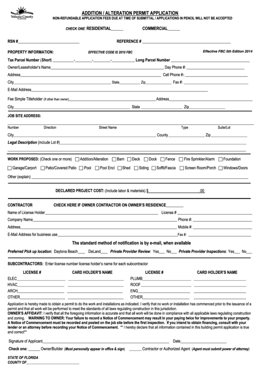 Fillable Addition / Alteration Permit Application Form Printable pdf