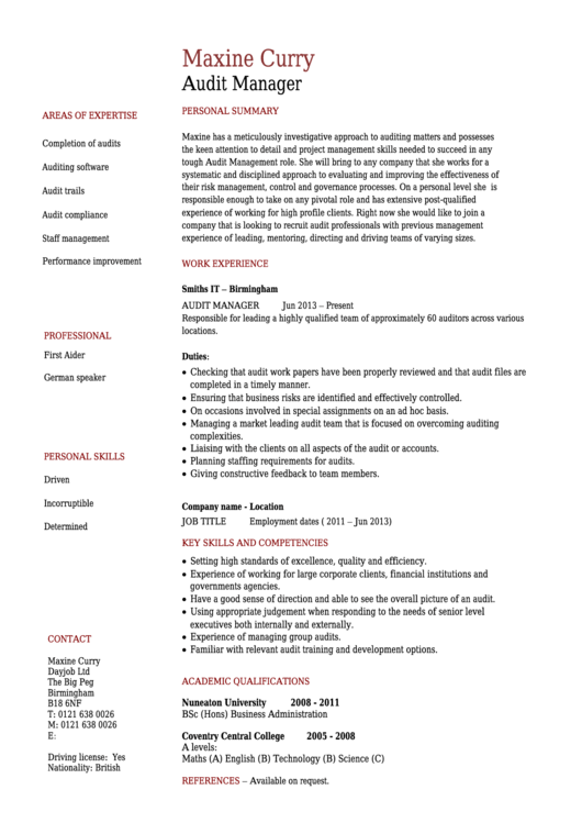 Audit Manager Resume Template