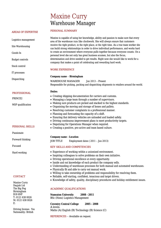 Warehouse Manager Resume Template Printable pdf