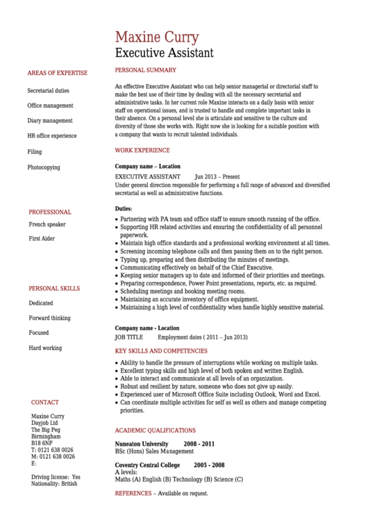 Executive Assistant Resume Template Printable pdf